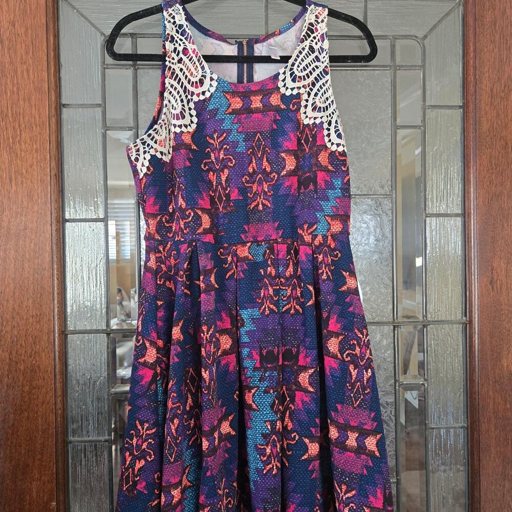 Women's Colorful Tribal Print Lace Trim A-Line Dress
